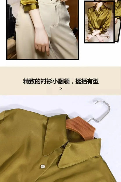 High Quality Silkly Satin Women's Shirt Office Ladies Long Sleeve Blouses Polo Neck Gold shirt Button Luxury Casual women tops.
