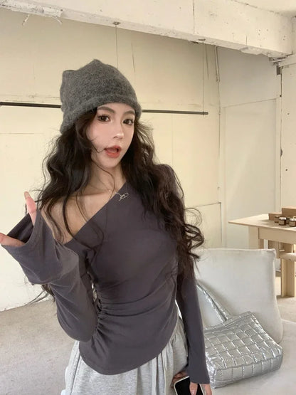 SexySpicy Girl Style Blackoff-the-Shoulder Long Sleeve T-shirt Slimming Smooths Your Silhouette Nefarious Crossbody Top For Wome