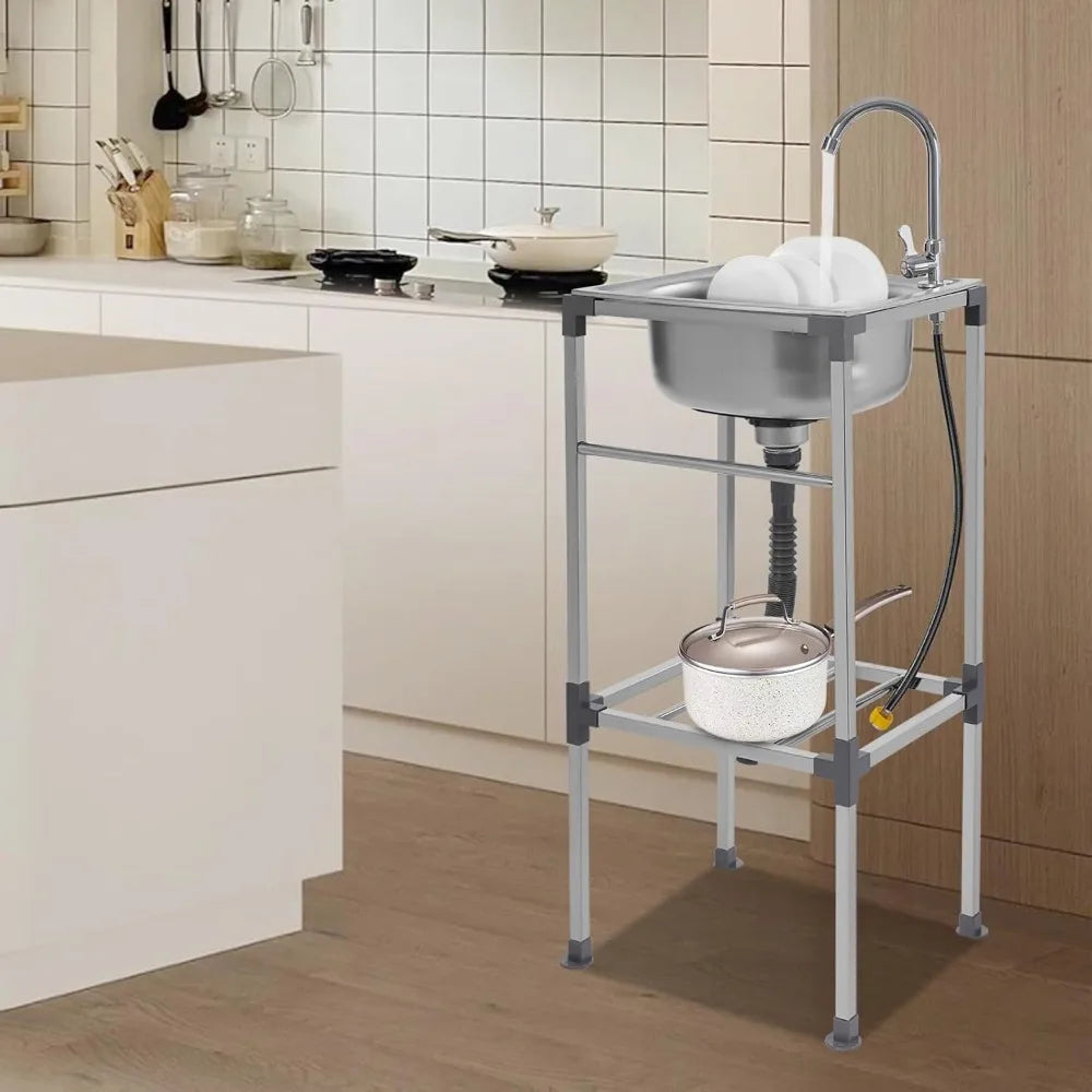 Edelstahlspüle, freistehendes Spülbecken mit 1 Becken, mobiles Spülbecken, Küchenspüle mit Wasserhahn, 42 x 37 x 83 cm, für Bars, Restaurant, Küche