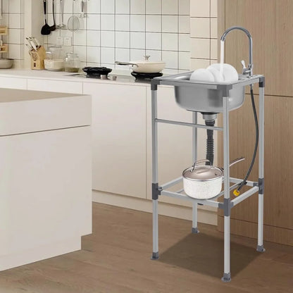 Edelstahlspüle, freistehendes Spülbecken mit 1 Becken, mobiles Spülbecken, Küchenspüle mit Wasserhahn, 42 x 37 x 83 cm, für Bars, Restaurant, Küche