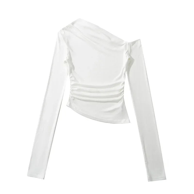 Slim Fit Long Sleeve T-Shirt Irregular Hem Slant Collar Pleated Pure Desirable Sexy Top for Women Fashionable Autumn New Style