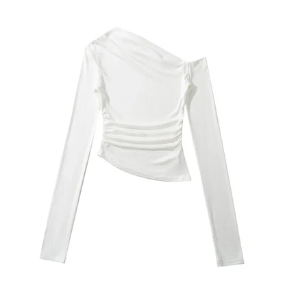 Slim Fit Long Sleeve T-Shirt Irregular Hem Slant Collar Pleated Pure Desirable Sexy Top for Women Fashionable Autumn New Style