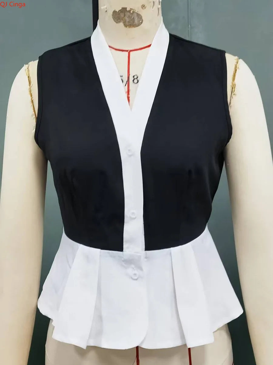 New Fall Women's Sleeveless Shirt, Black and White Block-Colored V-Neck Shirts, Asian Sizes S-XL..