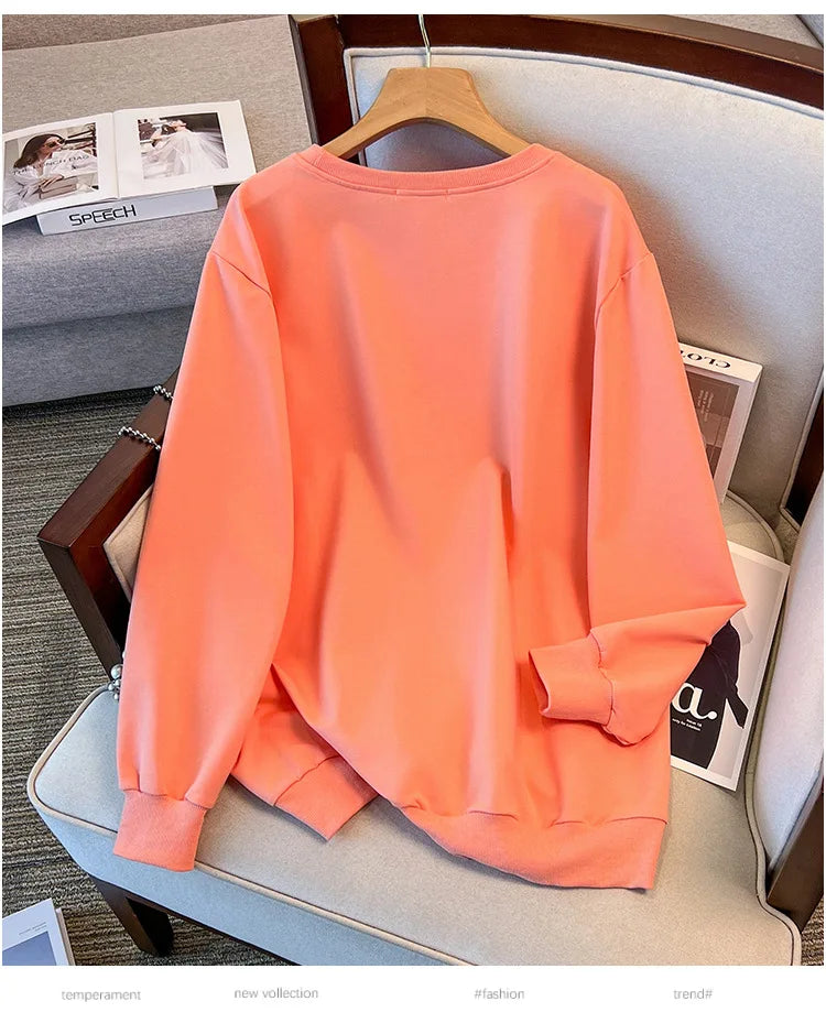 175kg plus size Damen büste Frühling Herbst loser Rundhals ausschnitt bedrucktes Langarm-Sweatshirt schwarz orange 5xl 6xl 7xl 8xl 9xl