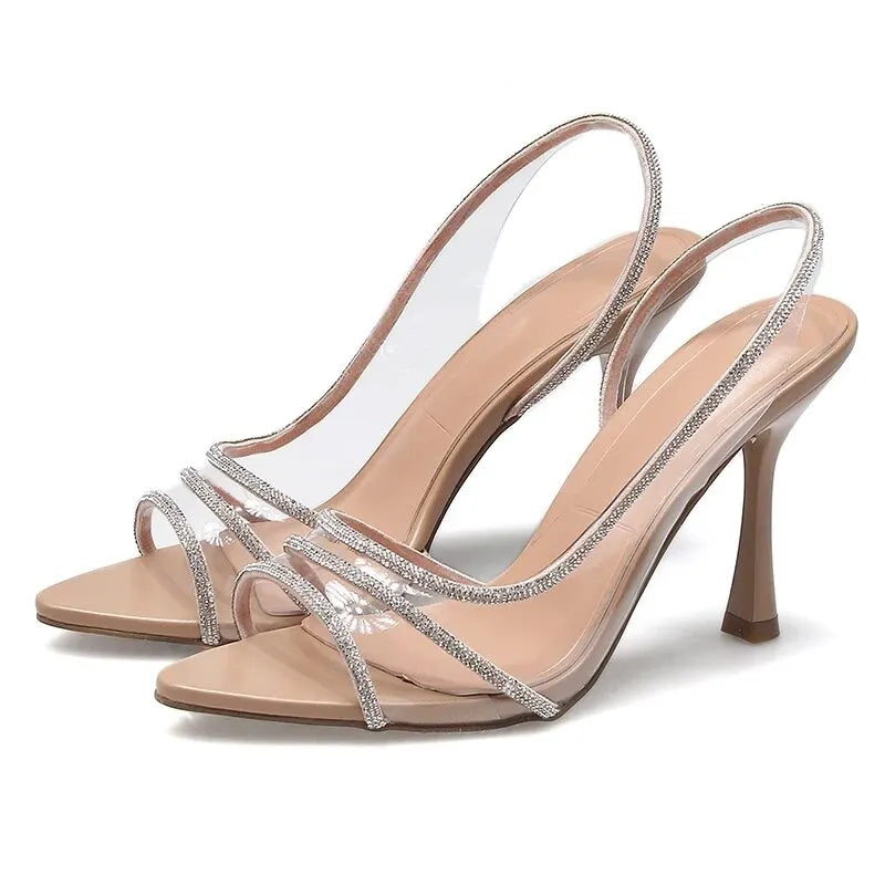 Women Summer Rhinestone Slingback Pumps Office Lady Transparent Heeled Sandals Elegant Pointed Toe Female Sexy High Heels.