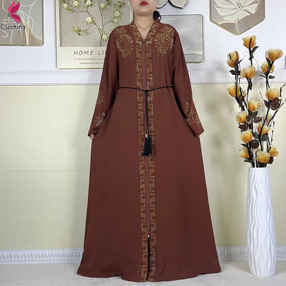 New Muslim Abayas For Women Long Sleeved Dress Dubai Lady Elegant Long Dress Islam Clothing African Abaya Loose Robe With Turban.