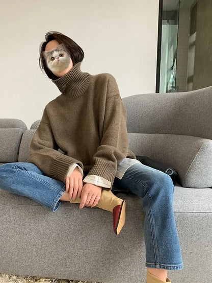 2023 Autumn and Winter New Thick  Sweater Women High Neck Pullover Sweater Warm Loose Knitted Base Sweater Jacket Tops