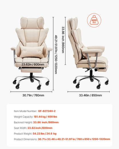 VEVOR Chefsessel Bürostuhl Drehstuhl mit hoher Rückenlehne & Fußstütze & Lendenkissen, ergonomischer Schreibtischstuhl mit 135° Neigung und einstellbarer Höhe, für Arbeit Arbeitszimmer Spielen