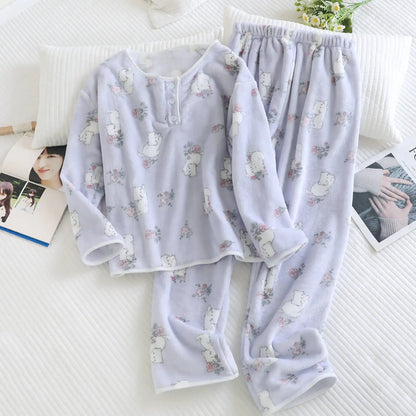 2025 New Winter Women's Pajama Set with Thickened Fleece and Flannel Warm Head Cartoon Comfortable Home Clothing Set Pijama.