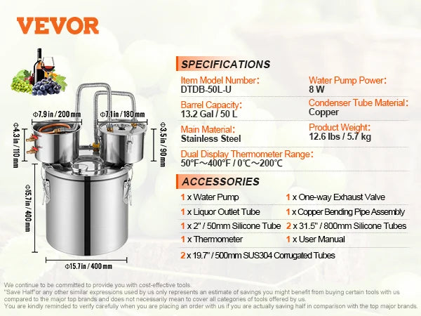 SucceBuy Alcohol Still Stainless Steel Water Alcohol Distiller Fast Cooling Dual Condenser Distiller Kit for Wine Whisky Brandy.