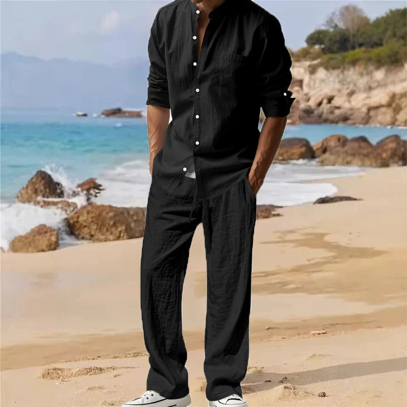 Long Sleeve Shirt Sets Mens Casual Linen 2Pcs Suit Lightweight Long Sleeve Shirt Loose Drawstring Trousers Casual Streetwear Set.