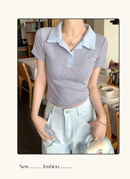 Women's Slim Fit Short Sleeve Polo Shirt Summer New Color Collision Design Red T-Shirt Top Fashionable Casual Business Wear