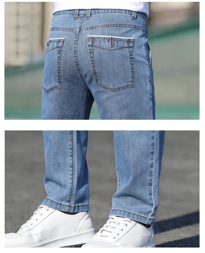 2025 sommer Neue männer Lose Grau Jeans Mode Lässig Stretch Gerade bein Denim Hosen Männlich Hellblau männer Hosen.