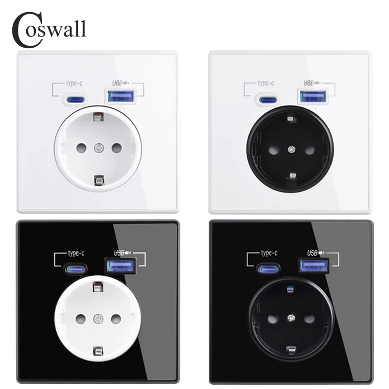 Coswall Typ-C-Schnittstellensteckdose, Vollspiegel, Kristallplatte, schwarze Wand, EU, Russland, Spanien, französische Standardsteckdose mit USB-Ladeanschluss.