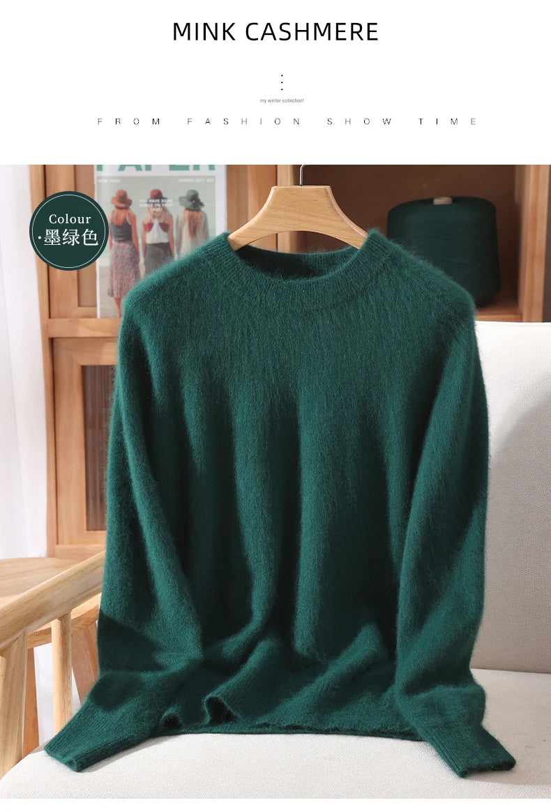 Women's Round-neck Mink Cashmere Sweater Soft Pullover Jumper Comfortable Knitted Top for Autumn Winter Pure Mink Material