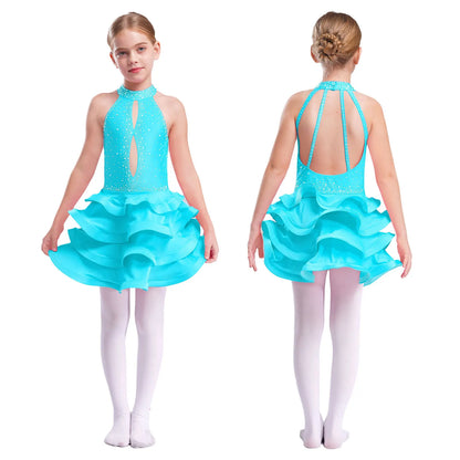 Eiskunstlauf-Kostüm für Teenager-Mädchen, lateinamerikanischer Tanz, Cha-Cha, Tango, Performance-Tanzbekleidung, ärmelloses, gestuftes Kleid mit Strasssteinen