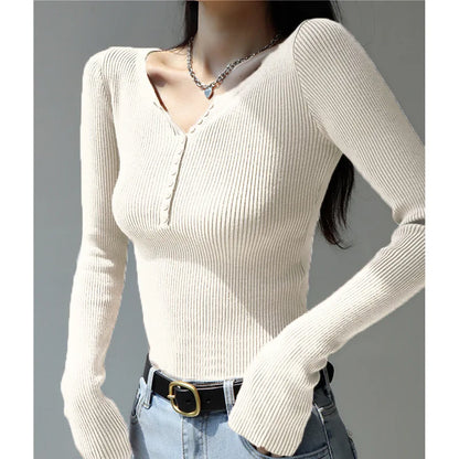 2026 weibliche Casual Tops Pullover Warme V-ausschnitt Frauen Herbst Winter Gestrickte Dünne Pullover Feste Taste Volle Hülse Pullover