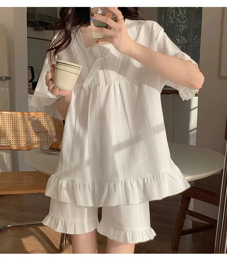 Palast Stil Pyjama Damen Sommer Lounge wear Set kurz ärmelig mit Kissen koreanische kleine süße Freundinnen Lounge wear Set.