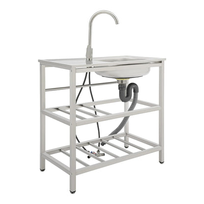 Freistehendes Waschbecken aus Edelstahl mit 2-stufigem Boden, Aufbewahrungsregal für die Küche, Outdoor-Spüle mit Facut-Handwaschstation