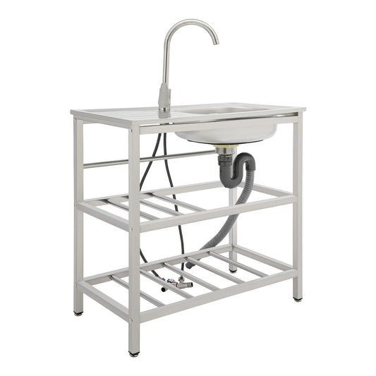 Freistehendes Waschbecken aus Edelstahl mit 2-stufigem Boden, Aufbewahrungsregal für die Küche, Outdoor-Spüle mit Facut-Handwaschstation