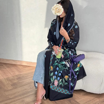 2025 Elegant Dubai Floral Print with Hijab Kimono Abaya Dress Luxury Saudi Arabia Muslim Women Islamic Middle East Turkey Robe.