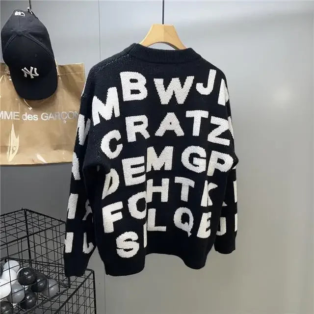 Sweater Men's Clothing Winter Full-print Letter Jacquard Loose Thickened Design Round Neck Top Trendy American Style Sweater.