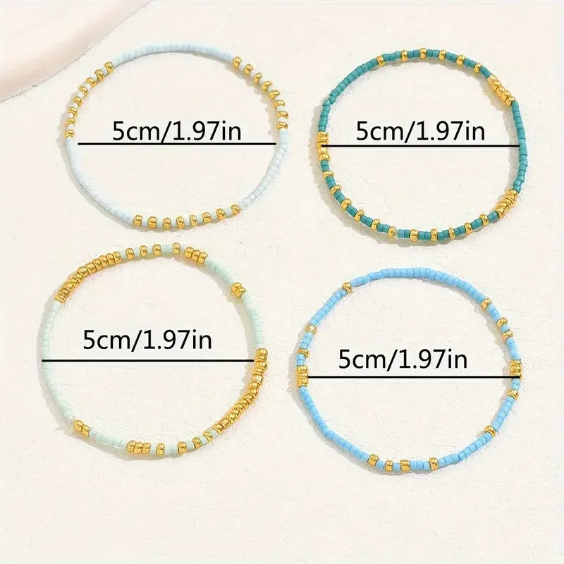 4 PCS Turquoise Color Seedbeads Stretch Bracelet Set Bohemia Gold Color Glassbeads Elastic Handmade Girls Vacation Jewelry.