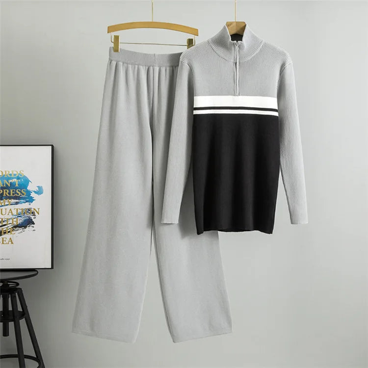 Muslim Knit Suit Women Two Piece Sets Pullover zipper high collar Sweater Knitted Wide Leg Pants Outfits Knitwear 2025 autumn.