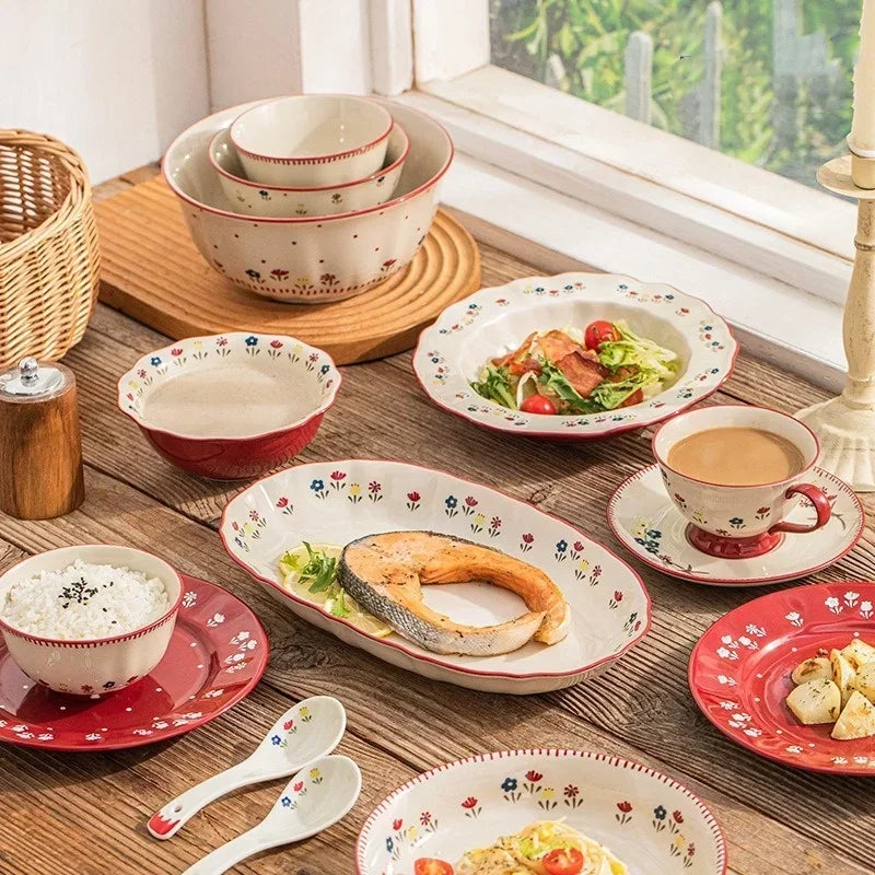 SOLECASA Ceramic Tableware Pastoral Style Rice Soup Bowl Fruit Salad Bowl Dish Pasta Dessert Plate Dinnerware Table Decoration.