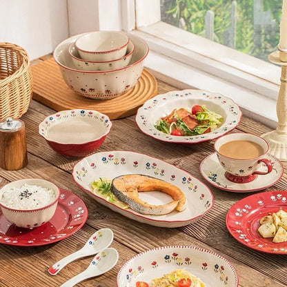SOLECASA Ceramic Tableware Pastoral Style Rice Soup Bowl Fruit Salad Bowl Dish Pasta Dessert Plate Dinnerware Table Decoration.