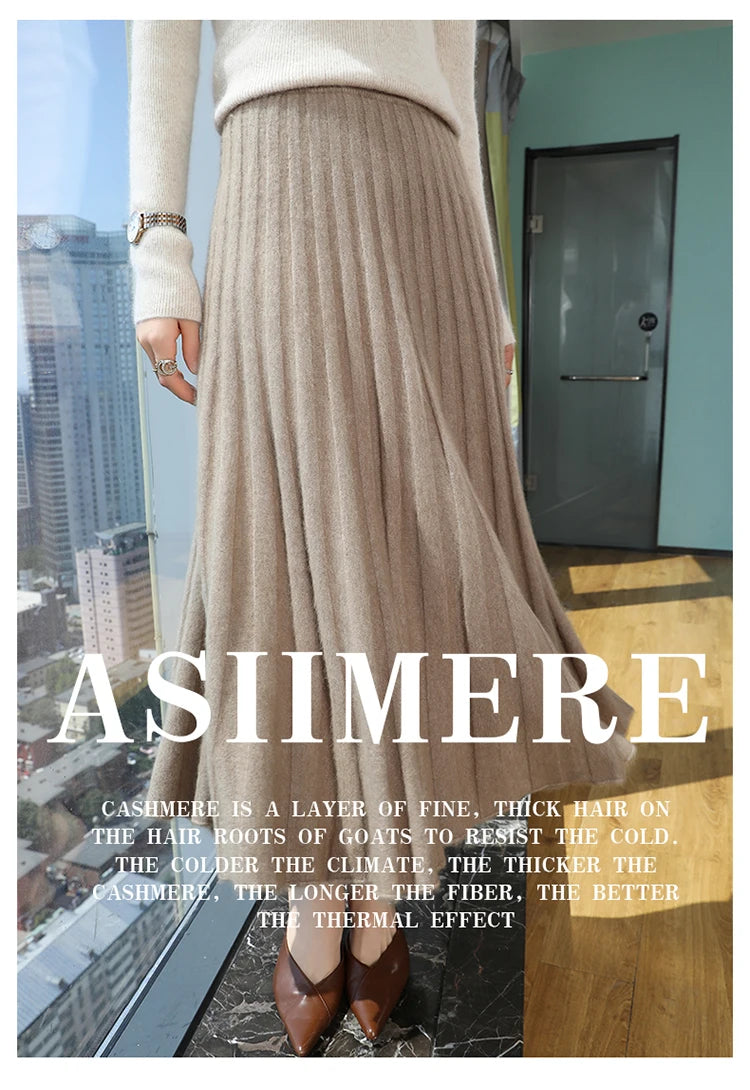 mink cashmere skirt Fashion long dress women A-line skirt autumn winter loose pleated skirt elegant high-waisted skirt ladies.