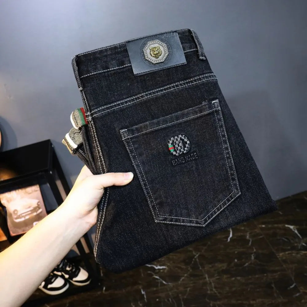 Zerrissene, reguläre, schmale Passform, gerade Jeans, bequem, lässig, Herbstmode, Denim-Hose, klassische, dünne Vintage-Unisex-Herren-Stretchhose.