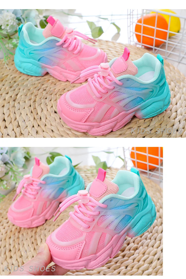 Girls Cute Gradient Mesh Sneakers Low Top Breathable glowing Platform Sports kids Shoes.