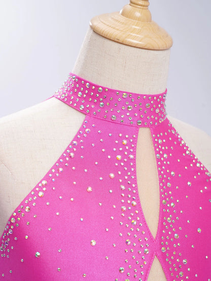 Eiskunstlauf-Kostüm für Teenager-Mädchen, lateinamerikanischer Tanz, Cha-Cha, Tango, Performance-Tanzbekleidung, ärmelloses, gestuftes Kleid mit Strasssteinen.