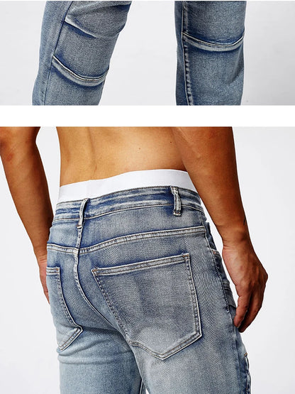 Two tone distressed patchwork jeans for men trendy jeans for summer thin straight leg pants slim fit small leg distressed jeans.