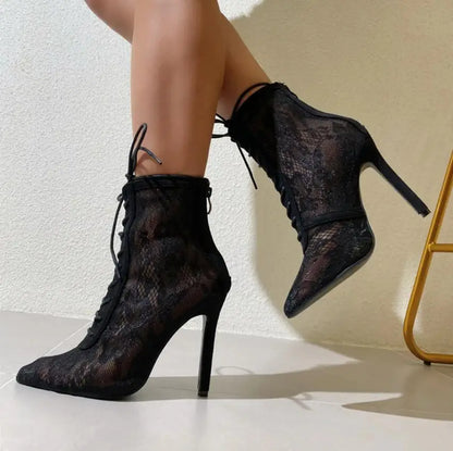 2025 New Black Mature Mesh Women Boots High Heel Pumps Floral Lace-Up Thin High Heels Ankle Pointed Toed Party Wedding Shoes.