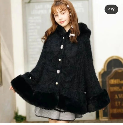 Japanische Liz Süße Prinzessin Faux Kaninchen Fell Cape Mantel Frauen Herbst Winter Pelz Jacke Lose Uhr Strass Bogen Mit Kapuze Mantel