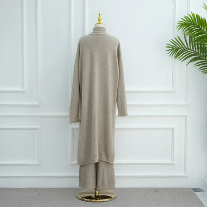 Winter Thicken 3 Piece Muslim Sets for Women Knit Tops Pants Islamic Outfit Sweater Dress Dubai Abaya Kaftan Musulmane Ensembles.