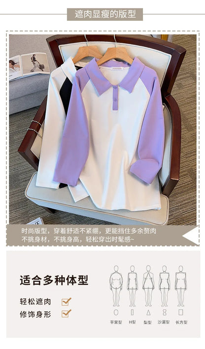 170kg plus size Damen büste Frühling Herbst loser Polo kragen kontrastieren des Sweatshirt schwarz lila 4xl 5xl 6xl 7xl 8xl 9xl.