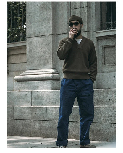 Bronson WWII USAAF Type A-1 Mechanic Sweater Men Heavyweight V-Neck Knit Jumper.