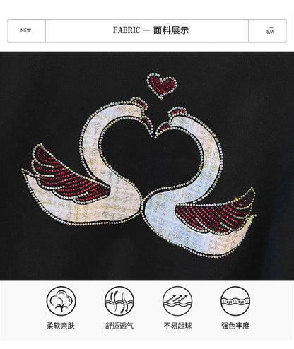 175 kg Übergröße Damen Büste 170 Herbst Lose Rundhals Langarm Diamant Schwan Sweatshirt Schwarz Weiß 5XL 6XL 7XL 8XL 9XL.