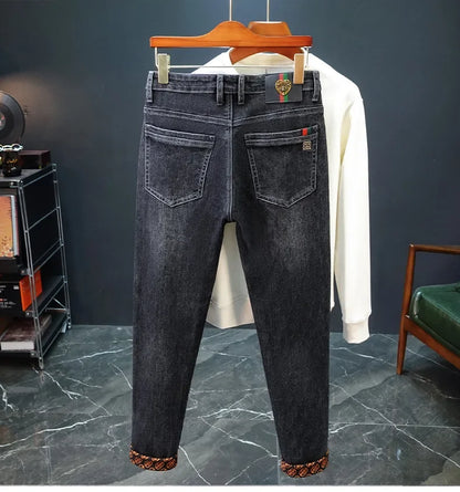Gestickte Slim-Fit-Jeans mit geradem Bein, High-End-Freizeithose für Herren, durchgehender Bodendruck, dehnbar, trendige Marken-Freizeitjeans.