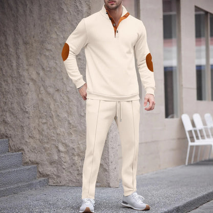Men's new autumn style American stand-up collar button elbow patch color-block long-sleeve hoodie and pants set.