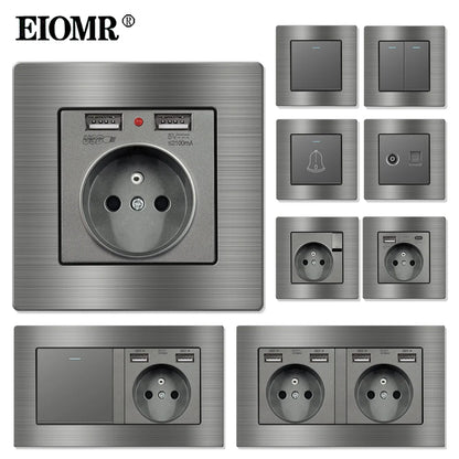 EIOMR Frankreich Standard-Steckdose, graue Aluminiumlegierung, Lichtschalter, RJ45, Fernseher, 220 V, 16 A, Wandsteckdosen für Haushaltsgeräte.
