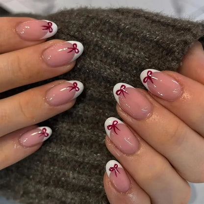 White Glitter Powder Bowknot Long Pointed Fake Nails Art Ballet False Nail Cow Print Pearl Rhinestone Pink Almond Press on Nails