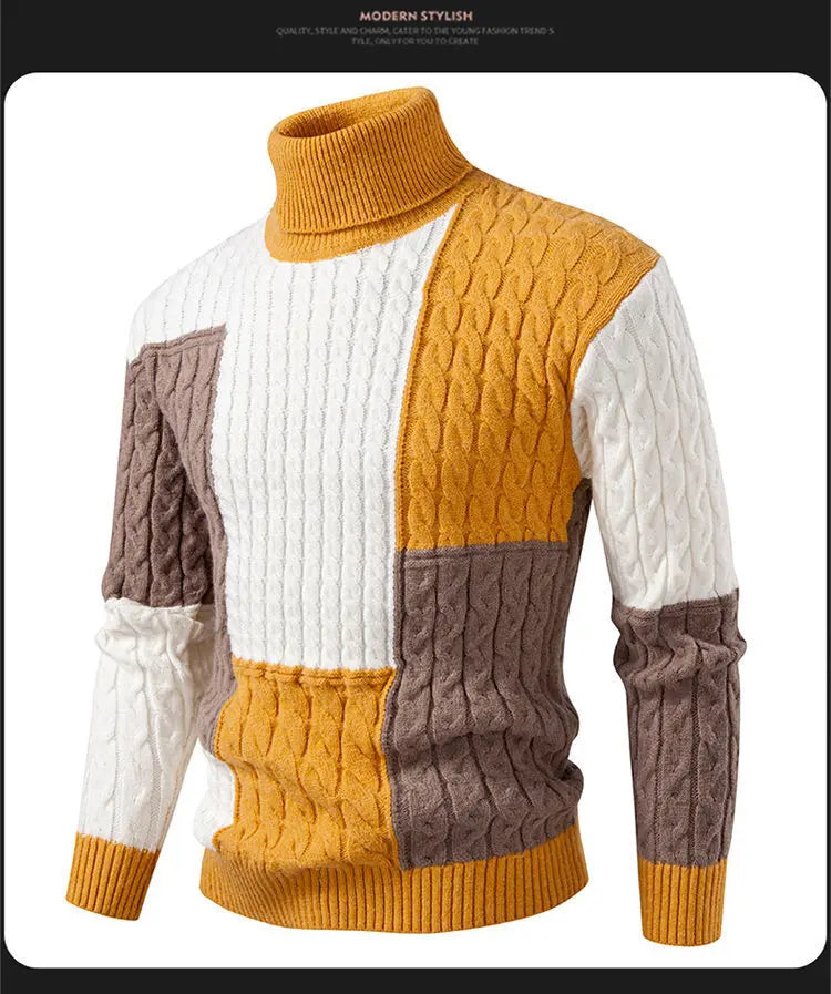 #8621 Spliced Color Turtleneck Sweater Men Long Sleeve Knitted Pullover Male Teenager Pullover Hombre Thick Autumn Winter.