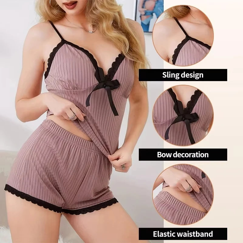 Neues sexy geripptes Pyjama-Set für Damen mit Spitzenbesatz, Cami-Top und Shorts, zweiteilige Nachtwäsche, Loungewear, V-Ausschnitt mit Schleife, Spaghettiträger.