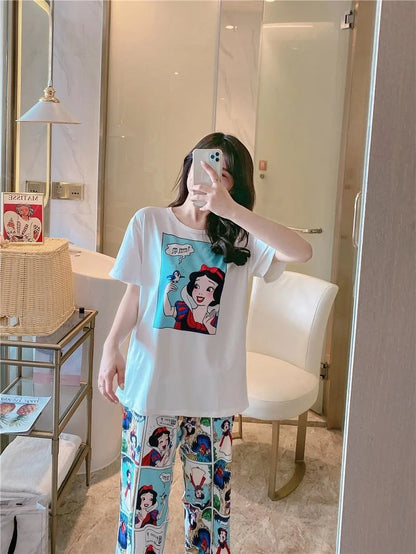 Sommer Pooh Bär Nachtwäsche frauen Lose Bequeme Cartoon Print Hause Kleidung Set Kurzarm Nachthemd Mickey Pyjama Set