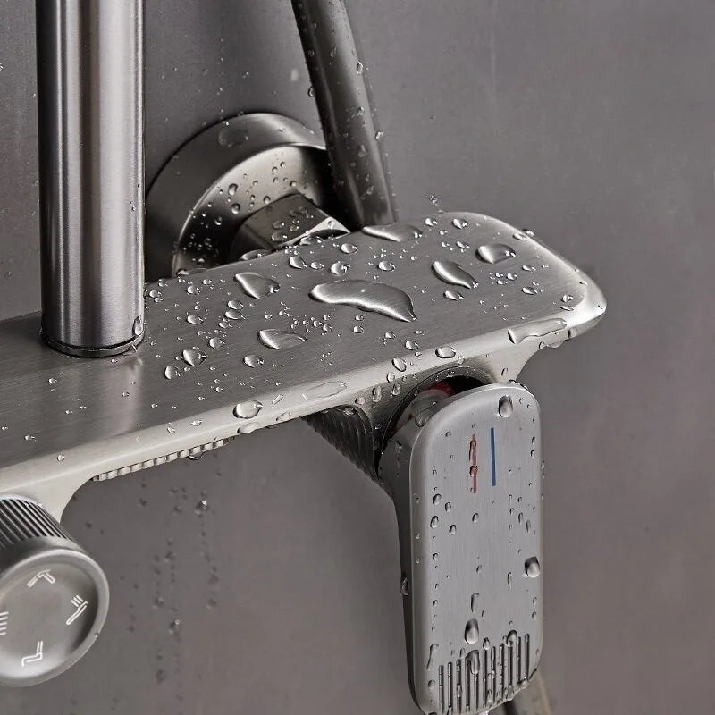 Grey/Chrome Brass Shower System Four Ways Water Outlet Bathroom Shower Faucet Set Rainlfall Hot Cold Bathroom Shower Set