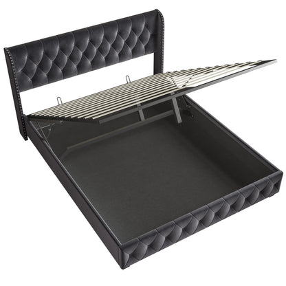 Rosahqnda Polsterbett 180 x 200 cm, hydraulisches Bett mit Aufbewahrungsfunktion, eleganter Bettrahmen im europäischen Stil, Erwachsene, Grau, Samt